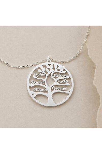 LUVE STORE 925 Ayar Gümüş Kişiye Özel Hayat Ağacı Kolye – İsim Yazılı Aile Ko...