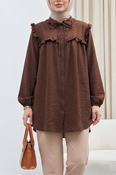 Modamorfo Πουκάμισο Cupra με δέσιμο στο λαιμό, ελαστικά μανίκια και βολάν - καφέ