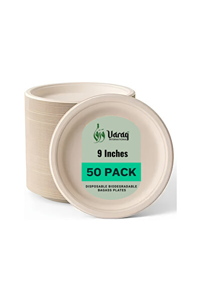 Varaq International 9" Natural Beige Bagasse Plates - 50 Pcs Eco-Friendly & C...