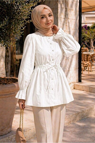 TRENDTESETTÜR KADIN BEYAZ BELİ BÜZGÜLÜ BLUZ T 2601