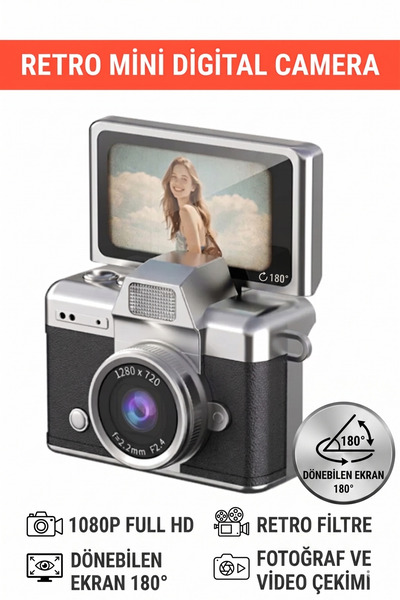 KAZEMTECH Mini Retro Kamera Dijital Ekranlı / 1,47 Inç / 1080p Full Hd / Dönd...