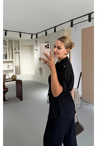 QİMYA BUTİK 4S WOMEN Γυναικείο κοντομάνικο πουκάμισο με ελαστική μέση και ελα...