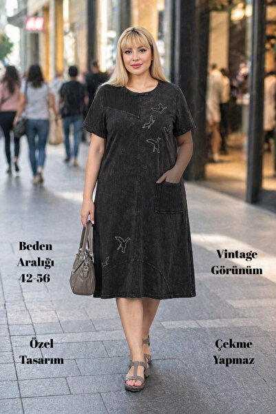 CEDY DENIM - Γυναικείο φόρεμα μεγάλου μεγέθους με πέτρινη λεπτομέρεια και άνε...