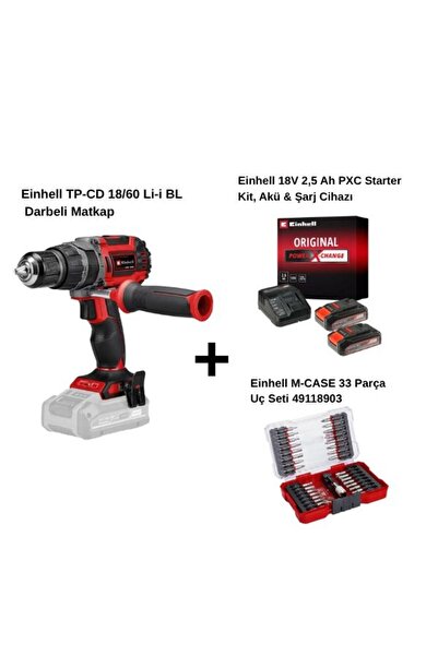 Einhell TP-CD 18/60 Li-i BL Çift Akülü 2.5 Ah Darbeli Matkap + M‑CASE 33 Parç...