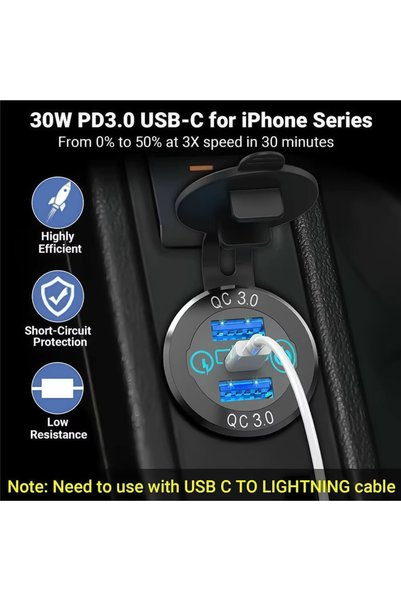DESTE ELEKTRONİK 8Mm Marin Pano Tipi 8-32V 2* Usb 3.0 / Type C Pd Giriş Şarj Modülü
