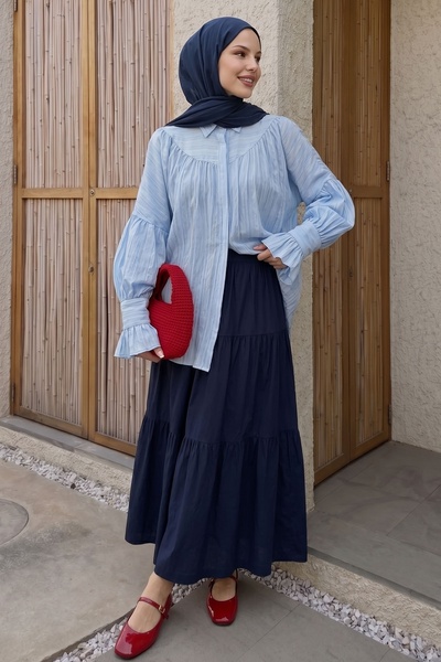 InStyle Μπλε πουκάμισο με βολάν στις μανίκια