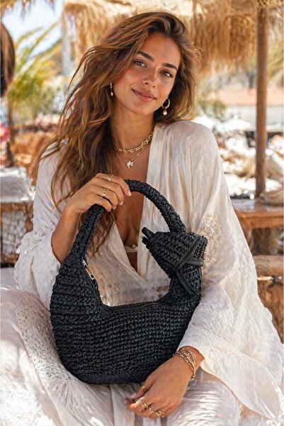 FELLMENS Μαύρη Χειροποίητη Ψάθινη Γυναικεία Τσάντα – 30x16 εκ.