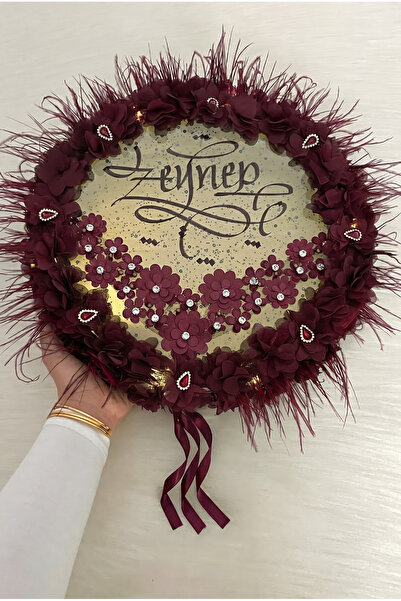 ZEYMERADE Bordo Ledli Gelin Tefi 32cm, Üç Boyutlu Çiçekli Tüylü Ve Parlak Taş...