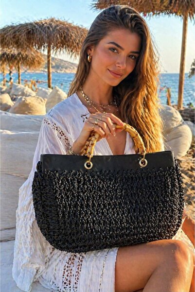 FELLMENS Μαύρη Χειροποίητη Πλεκτή Ψάθινη Γυναικεία Τσάντα με Ξύλινη Λαβή – 30...
