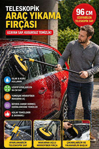 OpenCity Teleskopik Araç Yıkama Fırçası 96 cm Mikrofiber Oto Temizlik Fırçası...
