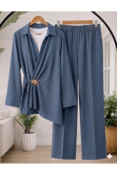 onlymoon Σετ Μπλε Ναυτικό με Λεπτομέρεια Καρφίτσας σε Εμφάνιση Λινού Υφάσματο...