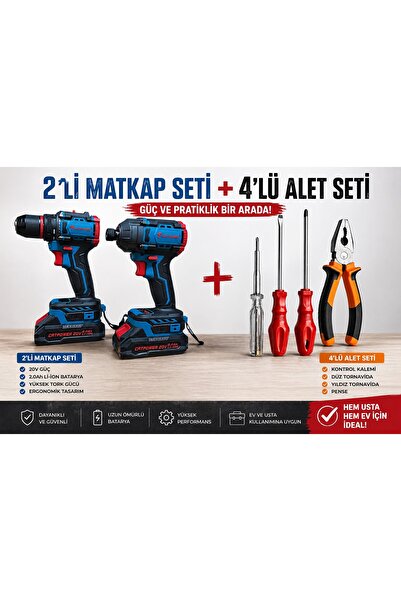 Toptancı Amca Çift Akülü Matkap + Vidalama Seti 2.0Ah + 4’lü El Alet Seti (Pe...