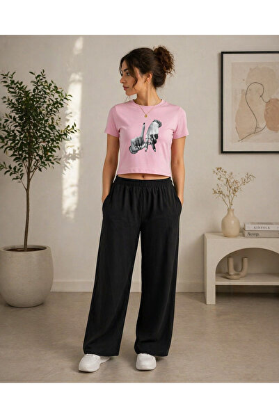 ZAVIXO -Set de tricou crop și pantaloni largi pentru femei, 100% bumbac, stil...