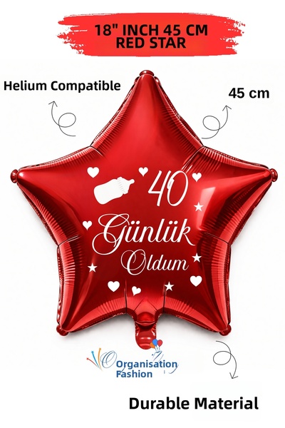 Organizasyon Pazarı 18 Inch Red Star Foil Balloon |   I'M 40 Now |   Baby Bot...