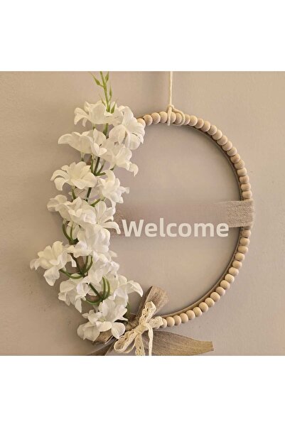 İpek & Demir Home Ξύλινο στολίδι πόρτας με χάντρες, λευκό με λουλούδια, για κ...