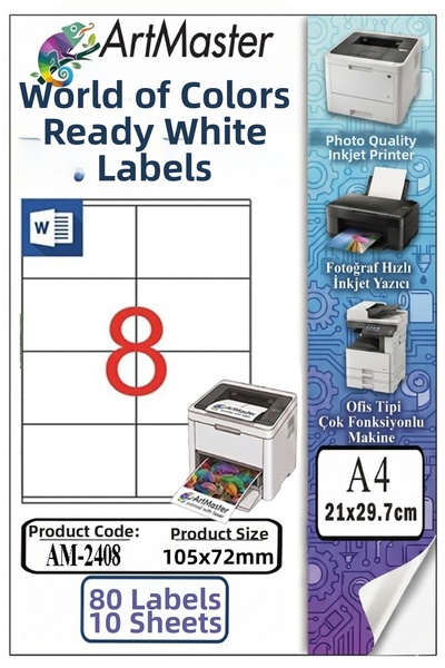 Artmaster A4 Ready White Label 105X72Mm 10 Sheets 1 Pack of 8 Self-Adhesive P...