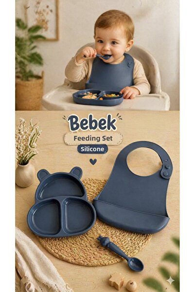 PONÇİK BEBEK Baby Silicone Feeding Set Plate - Bib - Spoon - 3 Pieces