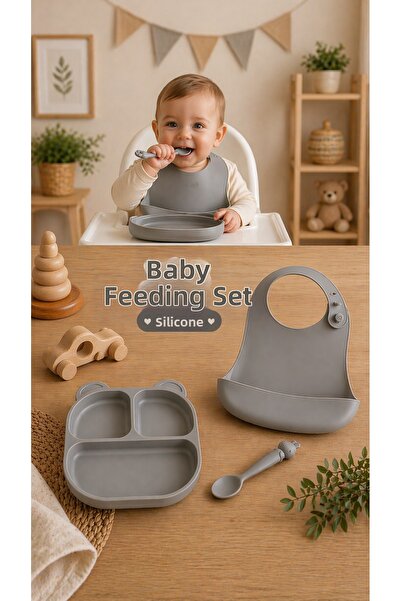 PONÇİK BEBEK Baby Silicone Feeding Set Plate - Bib - Spoon - 3 Pieces