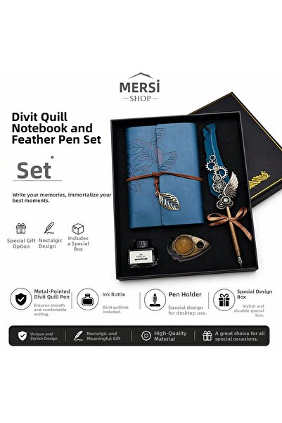 Mersi SHOP Divit Inkwell Feather Pen and Leather Notebook Set Vintage Calligr...