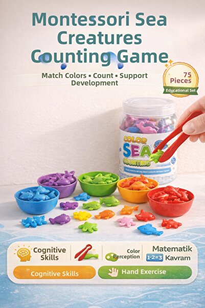 YILDIRIM OYUNCAK Montessori Sea Creatures Counting Game 75 Pieces – Color Mat...