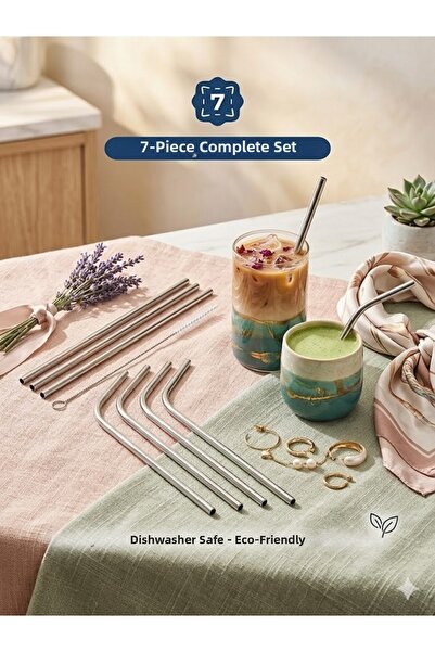 Tasarım Evi Premium 7-Piece Stainless Steel Metal Straws Set - 3 Straight, 3 ...