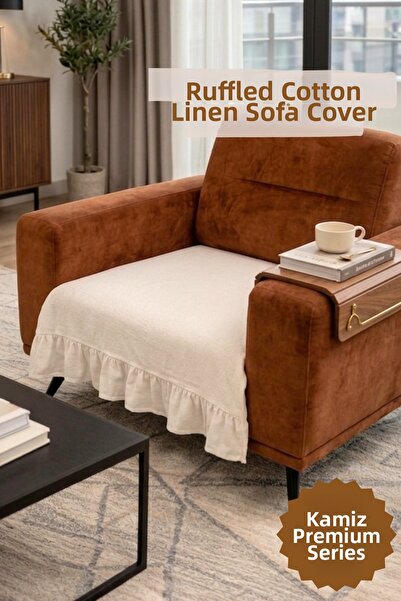 KAMİZ Κάλυμμα καναπέ με βολάν από μποέμ βαμβακερό λινό |   Αντιολισθητικός, π...