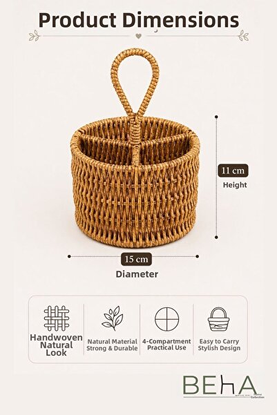 BehaHome Handmade Rattan Wicker Organizer Basket with Compartments |   3-Compartment Makeup, Jewelry, and Desktop Organizer