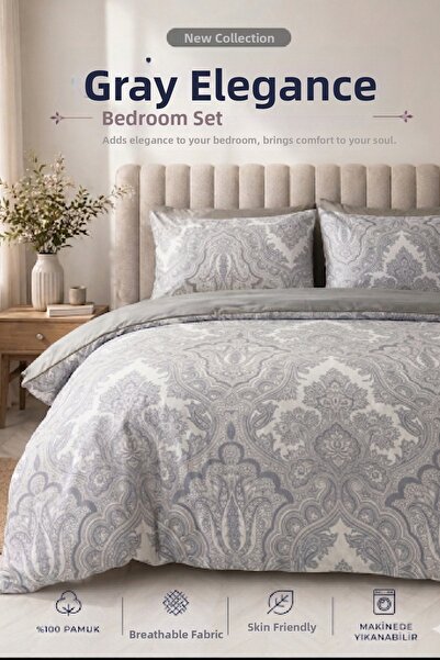 LaLiva Γκρι Κομψό Σετ Κλινοσκεπασμάτων Διπλό - Με Ελαστικό Σεντόνι - Βαμβακερ...