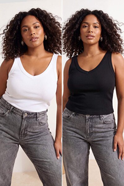 Trendyol Curve Μαύρο-λευκό πακέτο 2 τεμαχίων με λαιμόκοψη V και πλεκτό πλεκτό...