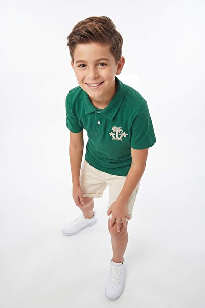 TRENDYOLKIDS   Green Boy's 100% βαμβακερό κεντημένο γιακά πόλο κοντομάνικο κο...