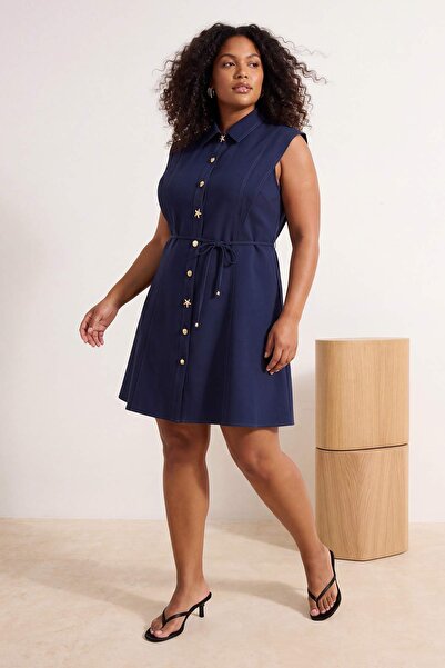 Trendyol Curve Μπλε ναυτικό φόρεμα από ύφασμα Terrycotton Υφαντό σε μεγάλο μέ...