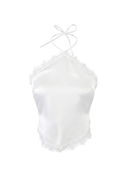 Συλλογή Trendyol Λευκό Σατέν Δαντελένιο Μπουστιέ με Λεπτομέρειες και Δέσιμο T...