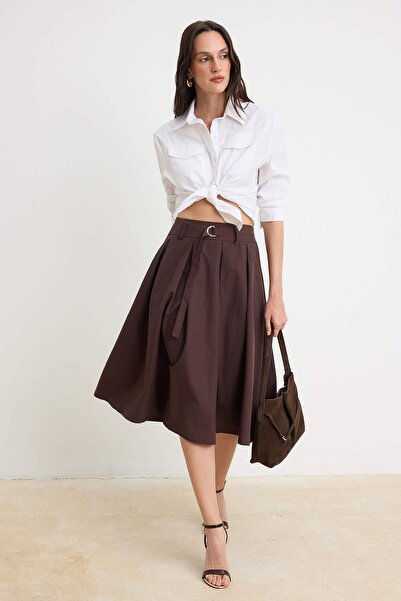 Συλλογή Trendyol Καφέ Μίντι Φούστα Ποπλίνας TWOSS26ET00144