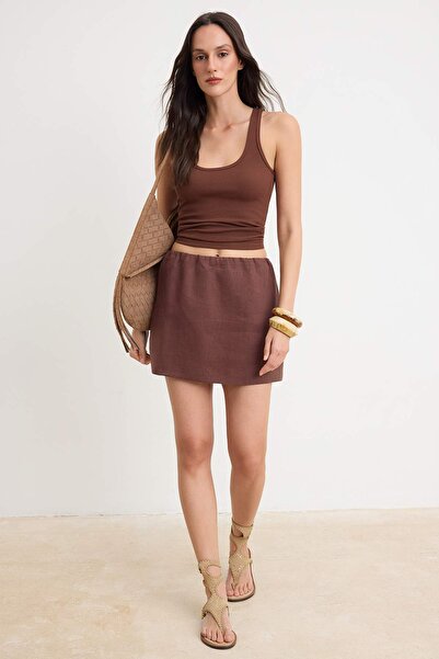 Συλλογή Trendyol Καφέ 100% λινή σούπερ μίνι φούστα με ενσωματωμένο σορτς TWOS...