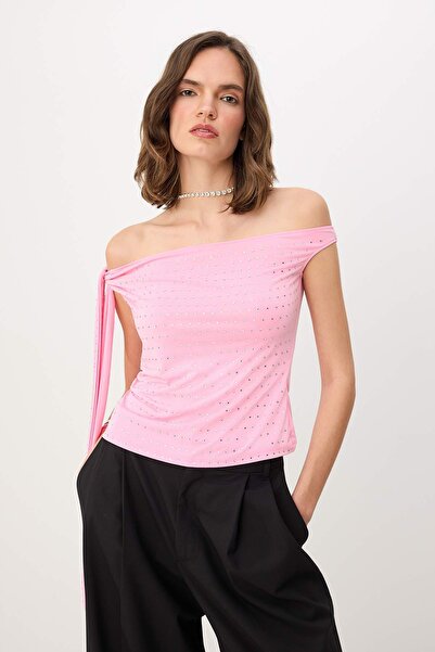 Trendyol Collection Bluză de petrecere Sandy, fără mâneci, cu decolteu asimet...