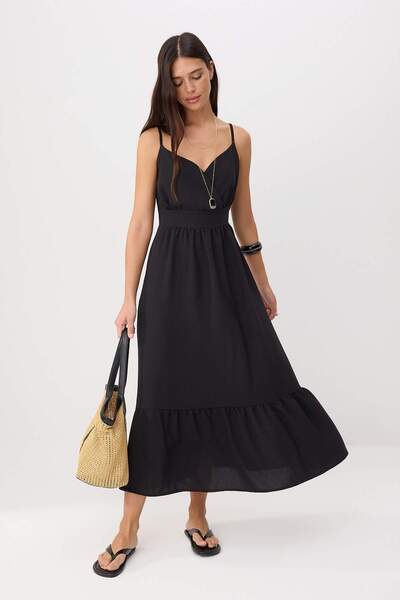 Συλλογή Trendyol Μαύρο φόρεμα σκέιτερ με τιράντες/φόρεμα μίντι με άνοιγμα στη...