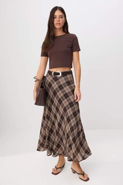 Συλλογή Trendyol Καφέ καρό 100% βαμβακερή φοδραρισμένη μακριά μάξι φούστα TWO...