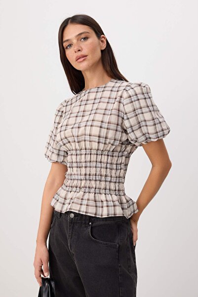 Συλλογή Trendyol Μπεζ Καρό Υφαντή Μπλούζα με Μανίκια Μπαλόνι και Λεπτομέρειες...