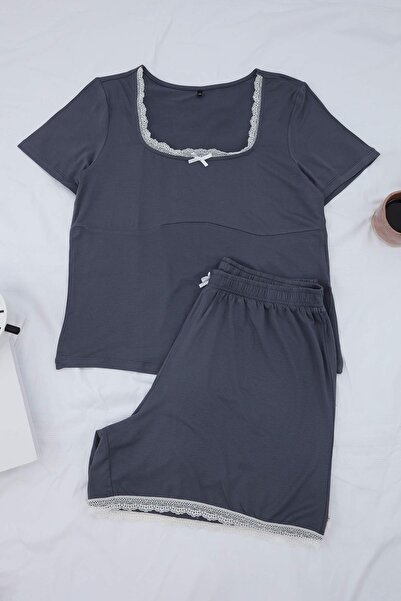 Trendyol Curve Σετ πιτζάμες μεγάλου μεγέθους με φιόγκο ανθρακί Δαντέλα με λεπ...