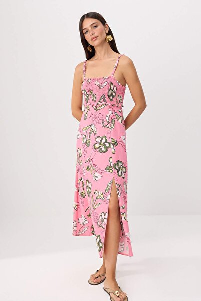 Συλλογή Trendyol Πολύχρωμο υφαντό φόρεμα με λουλουδάτο σχέδιο και σκίσιμο μίν...