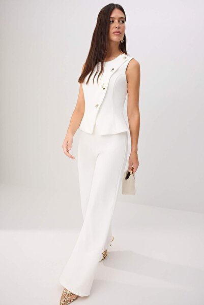 Συλλογή Trendyol Εκρού Φαρδιά Παντελόνα με Λεπτομέρεια Κουμπιών Μακριά Υφαντό...