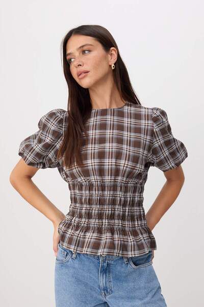 Συλλογή Trendyol Καφέ καρό μπλούζα με μανίκια μπαλόνι TWOSS26BZ00860