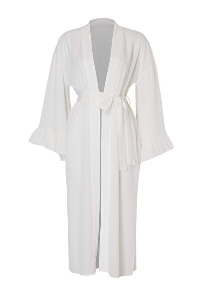 Συλλογή Trendyol Ενδύματα παραλίας Εκρού Υφαντό με βολάν και ζώνη Μάξι Κιμονό...