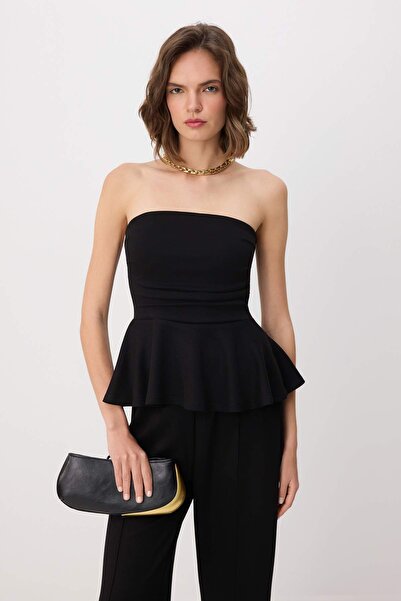 Συλλογή Trendyol Μαύρο Peplum Αμάνικο Σετ με Φαρδιά Μπατζάκια και Μαλακή Αφή,...