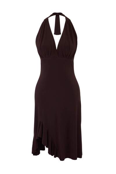 Συλλογή Trendyol Καφέ Skater Halter Φόρεμα με βολάν/ρουφλέ μίντι, ελαστικό, μ...