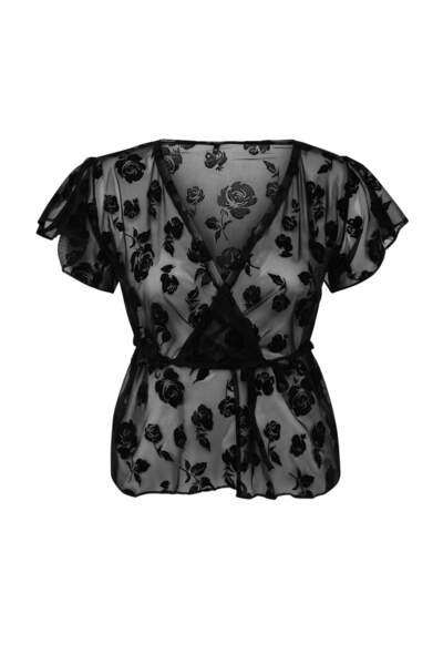 Trendyol Curve Μαύρη μπλούζα από διαφανές τούλι με στάμπα με μαύρο φλοκ, κομψ...