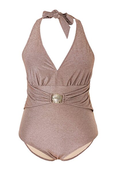 Trendyol Curve Καφέ μαγιό με αξεσουάρ με γκλίτερ και βαθύ V-λαιμόκοψη, μεγάλο...