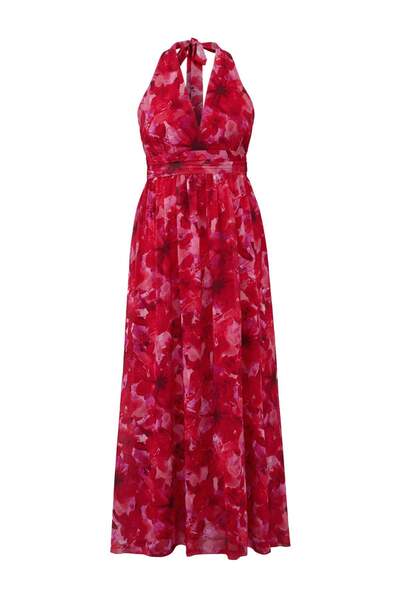 Trendyol Curve Πολύχρωμο υφαντό φόρεμα από σιφόν σε μεγάλο μέγεθος TBBSS26AH0...