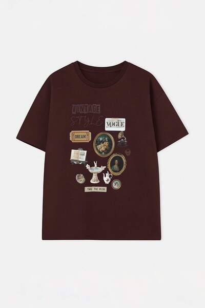 Trendyol Curve Καφέ 100% βαμβακερό εμπριμέ πλεκτό μπλουζάκι με λαιμόκοψη ποδη...