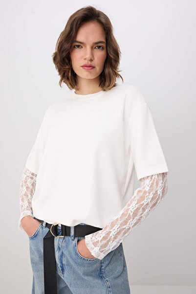 Συλλογή Trendyol Εκρού Oversize/Φαρδιά Γραμμή Πλεκτό Μακρυμάνικο Μπλουζάκι με...